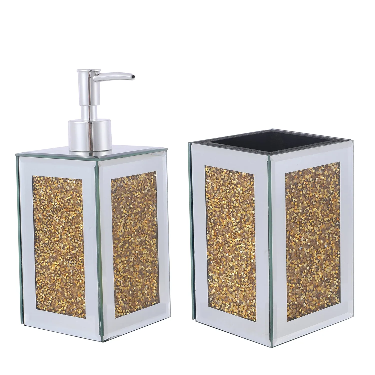 Square Soap Dispenser and Toothbrush Holder in Gift Box, Gold Crushed Diamond Glass