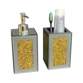 Square Soap Dispenser and Toothbrush Holder in Gift Box, Gold Crushed Diamond Glass