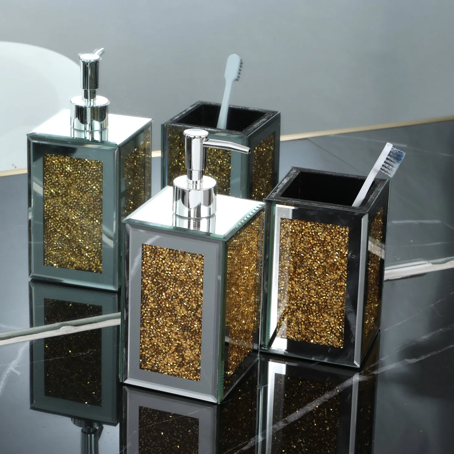 Square Soap Dispenser and Toothbrush Holder in Gift Box, Gold Crushed Diamond Glass