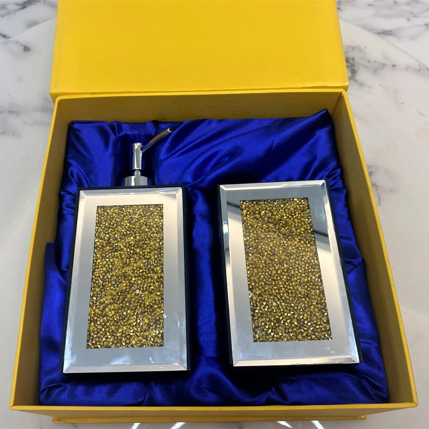 Square Soap Dispenser and Toothbrush Holder in Gift Box, Gold Crushed Diamond Glass