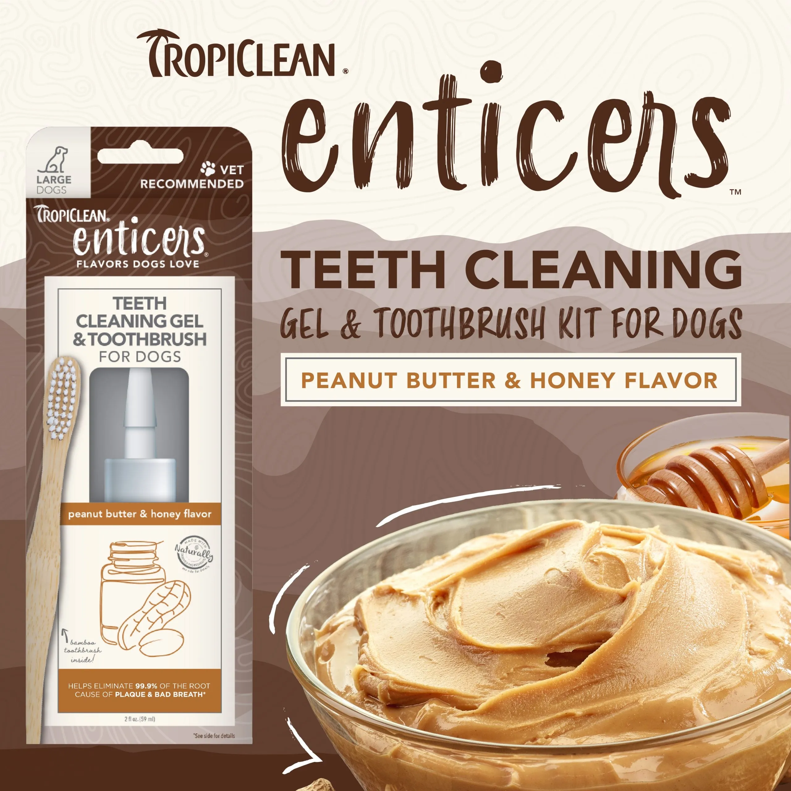 TropiClean Enticers Teeth Cleaning Gel and Toothbrush for Large Dogs Peanut Butter & Honey Gel 59ml