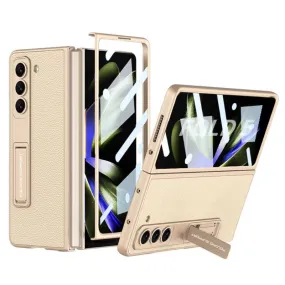 Ultra Thin Plain Leather Matte Bracket Phone Case With Tempered Film For Samsung Galaxy Z Fold5