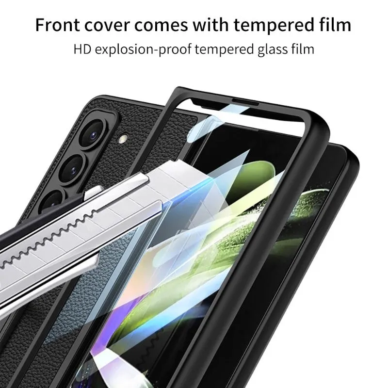 Ultra Thin Plain Leather Matte Bracket Phone Case With Tempered Film For Samsung Galaxy Z Fold5