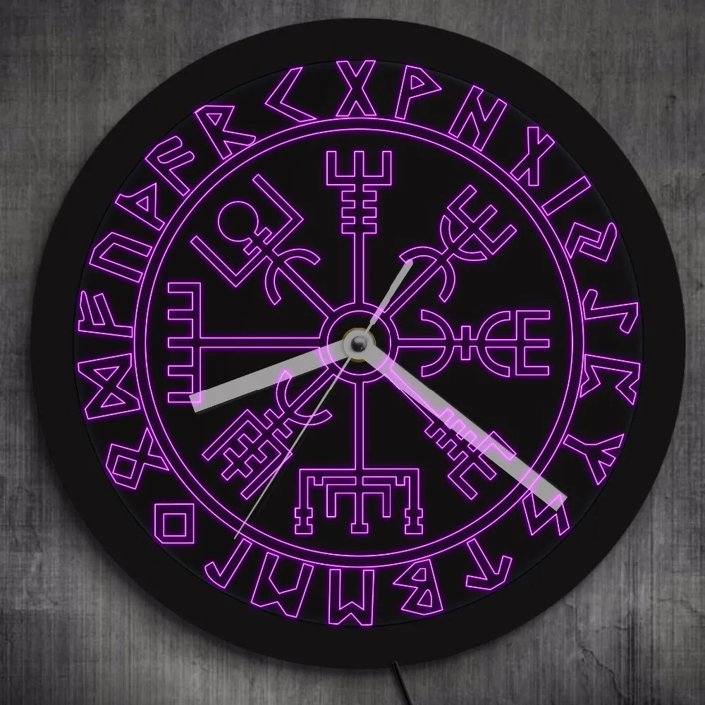 Vegvisir Compass Vikings Symbol Runes LED Neon Wall Clock Viking Scandinavian Modern Wall Clock with LED Backlight Glow in Dark