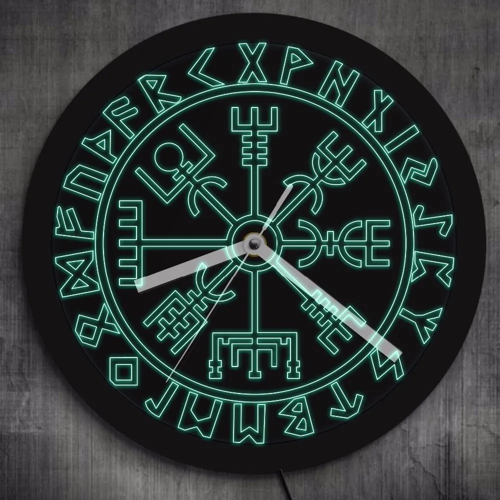 Vegvisir Compass Vikings Symbol Runes LED Neon Wall Clock Viking Scandinavian Modern Wall Clock with LED Backlight Glow in Dark