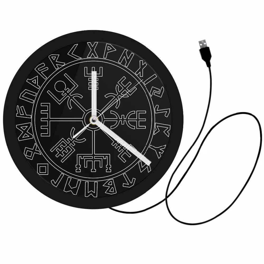 Vegvisir Compass Vikings Symbol Runes LED Neon Wall Clock Viking Scandinavian Modern Wall Clock with LED Backlight Glow in Dark