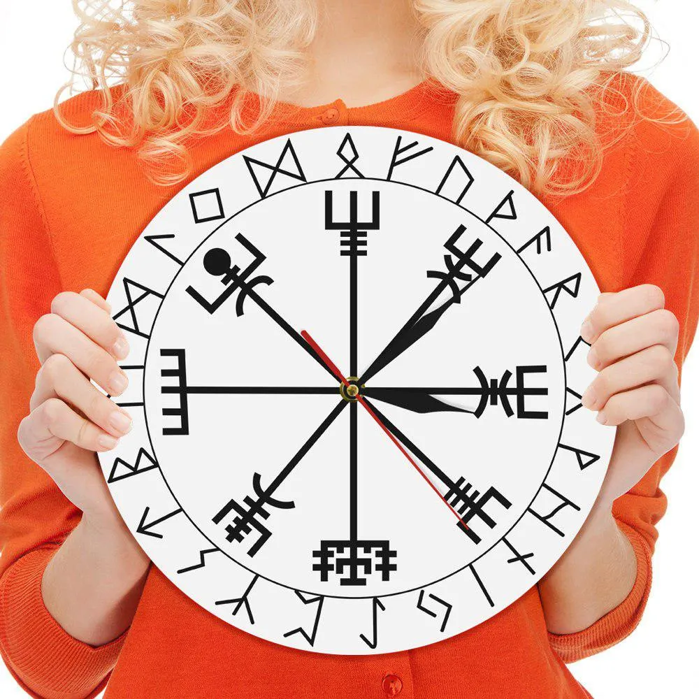 Viking Pagan Asatru Runic Compass Wall Clock Vegvisir Rune Circle Viking Norse Mythology Simple Modern Clock Watch Helm of Awe