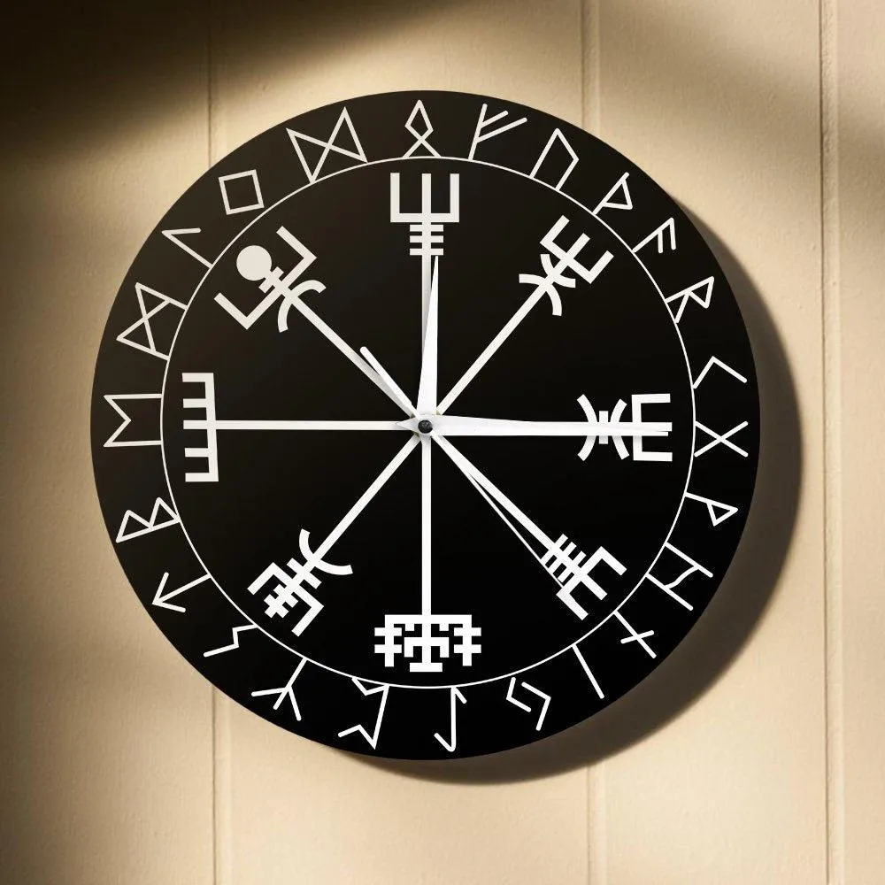 Viking Pagan Asatru Runic Compass Wall Clock Vegvisir Rune Circle Viking Norse Mythology Simple Modern Clock Watch Helm of Awe