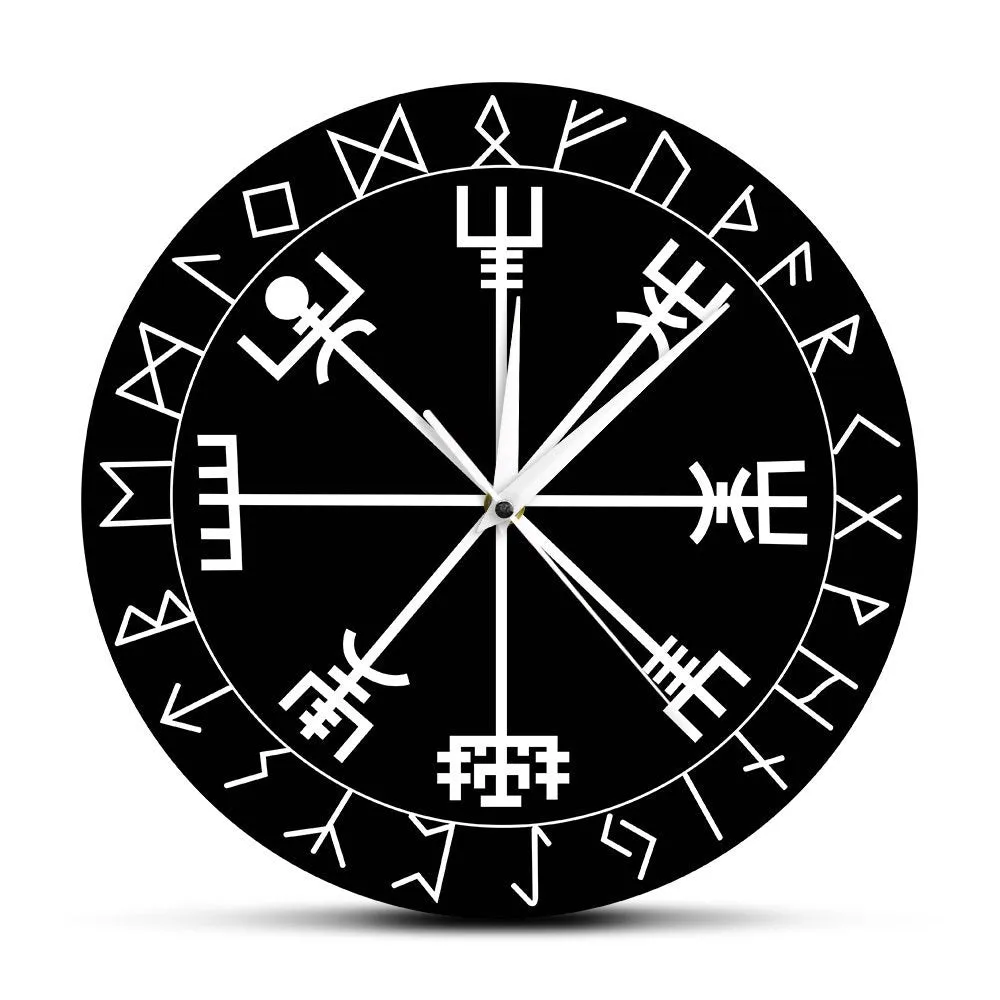 Viking Pagan Asatru Runic Compass Wall Clock Vegvisir Rune Circle Viking Norse Mythology Simple Modern Clock Watch Helm of Awe