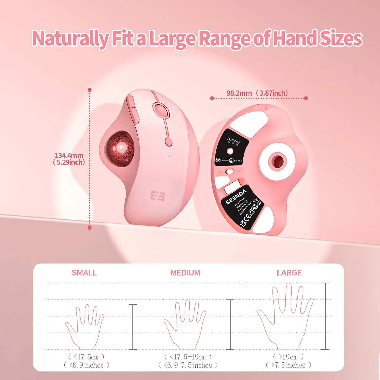 Wireless Trackball Mouse, Bluetooth Ergonomic Mouse - Rollerball Mouse Rechargeable Multi Devices Usb/Bluetooth Connection Thumb Control Mouse Compatible for Mac/Android/Windows Computers, Pink